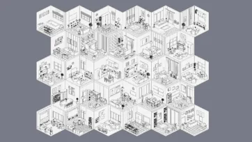 Technical wireframe view of Interior 5 low poly room scenes showing 3D mesh structure and modeling details