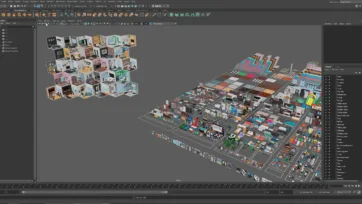 Autodesk Maya software interface showing Interior 5 low poly room scenes with organized asset library for 3D animation