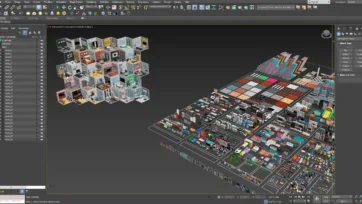 3ds Max software interface featuring Interior 5 low poly room scenes with complete asset library for architectural visualization
