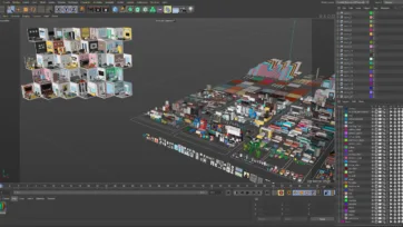 Cinema 4D software interface displaying Interior 5 low poly room collection with organized asset hierarchy for 3D design