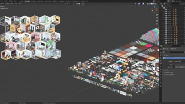 Blender 3D software interface showing Interior 5 low poly room scenes with complete asset library for 3D modeling