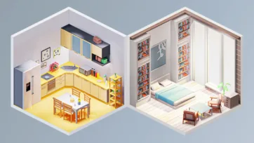 Functional isometric 3D low poly yellow kitchen and cozy bedroom interior designs with built-in storage and modern appliances