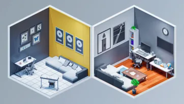 Contemporary isometric 3D low poly living room and home office interior designs with orange accents and modern furniture