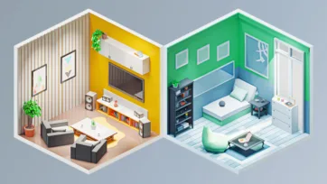 Cozy isometric 3D low poly entertainment room and green-themed bedroom with modern furniture and natural elements