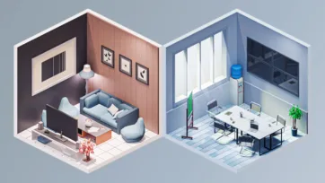 Corporate isometric 3D low poly lounge area and conference room interior designs for modern office environments
