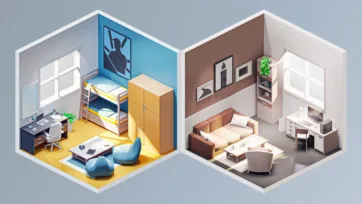 Bright isometric 3D low poly children's bedroom and family living room interiors with bunk beds and entertainment setup