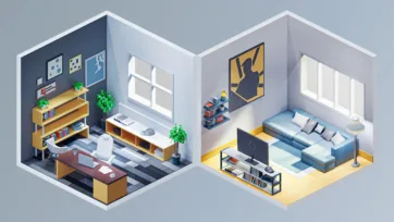 Professional isometric 3D low poly home office and contemporary living room scenes with modern furniture and decor