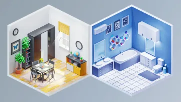 Elegant isometric 3D low poly dining room and luxury bathroom interior designs with modern fixtures and furnishings