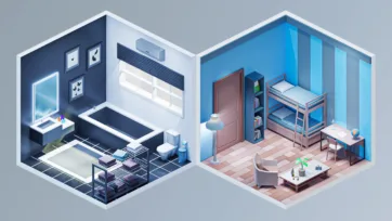 Family-friendly isometric 3D low poly bathroom and children's bedroom with bunk beds and playful color schemes