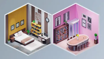 Warm-toned isometric 3D low poly bedroom and dining room interior designs with wooden furniture and bookshelf details