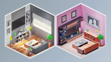 Stylish isometric 3D low poly modern living room interiors with entertainment centers, sofas and decorative elements