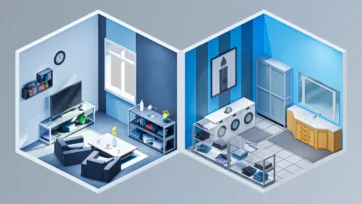 Blue-toned isometric 3D low poly living room and laundry room interior scenes with contemporary furniture and appliances