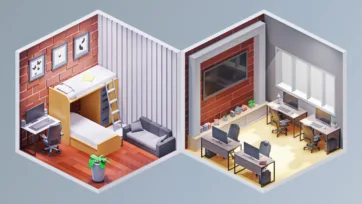 Isometric 3D low poly student dormitory and collaborative office workspace with bunk beds, desks and modern furniture