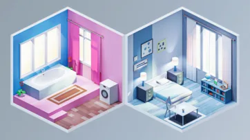 Colorful isometric 3D low poly bathroom and bedroom interior designs with modern fixtures and furniture arrangements
