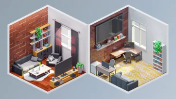 Isometric 3D low poly living room and home office interior scenes with brick walls, modern furniture and wooden flooring