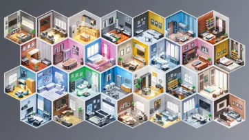 Isometric 3D low poly interior rooms collection featuring 28 different room designs including bedrooms, kitchens, bathrooms, living rooms and offices in various color schemes