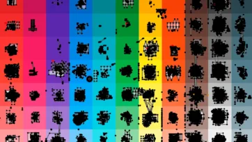 Comprehensive interior furniture silhouette reference grid arranged by color spectrum showing black furniture shapes against rainbow gradient background for design reference