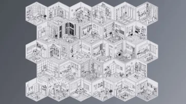 Hexagonal layout wireframe line art showing multiple interior rooms with detailed furniture placement and architectural elements in monochrome style