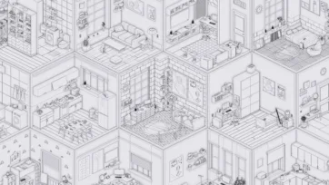 Isometric line art wireframe illustration of interior rooms showing detailed architectural drawings of kitchens, bedrooms, bathrooms, and living spaces in black and white