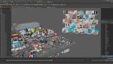 Maya 3D software workspace showing interior design modeling project with isometric room layouts and comprehensive furniture collection