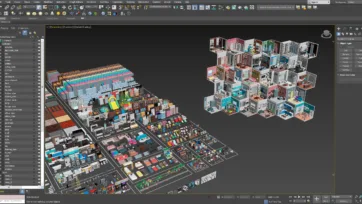 3ds Max software interface displaying Interior Pack 3D modeling project with detailed room designs and extensive furniture library