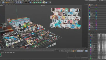 Blender 3D modeling interface showing interior design project with furniture placement, room layouts, and comprehensive asset library