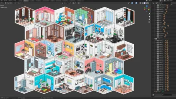 Blender interface displaying hexagonal interior room layout with complete 3D scene showing multiple furnished rooms and modeling hierarchy