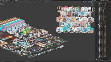 Blender 3D software workspace showing Interior Pack development with comprehensive furniture library, room layouts, and modeling tools
