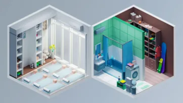 Isometric 3D interior showing bright yoga studio with exercise mats and mirrors, modern bathroom with shower, and organized storage room with shelving