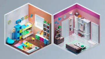 Isometric 3D rooms showing vibrant kids bedroom with bunk beds and toys, and organized walk-in closet with mirror and storage