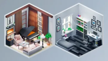 Isometric 3D interior featuring warm music room with piano and fireplace, and modern home office with plants and desk setup