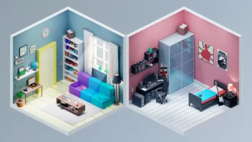 Isometric 3D rooms showing colorful living room with modular sofa and dark gaming bedroom with computer setup and guitar
