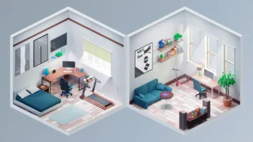 Isometric 3D interior featuring home office with treadmill desk and cozy living room with teal sofa and wooden floors