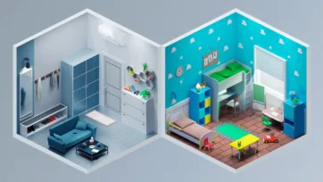 Isometric 3D rooms showing modern entryway with storage bench and colorful kids bedroom with bunk beds and cloud wallpaper