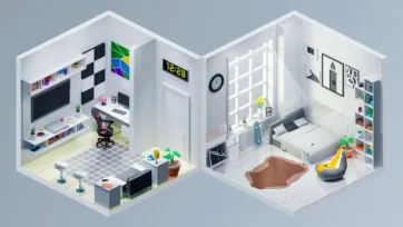 Isometric 3D interior featuring modern home office with ergonomic setup and contemporary bedroom with geometric patterns