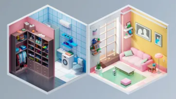 Isometric 3D rooms showing organized walk-in closet with shelving systems and bright living room with pink sofa and bookshelf