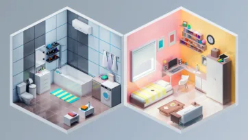 Isometric 3D rooms featuring modern bathroom with bathtub and washing machine, and colorful bedroom with desk and storage
