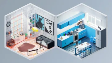 Isometric 3D interior showing photography studio with lighting equipment and modern blue kitchen with dining area
