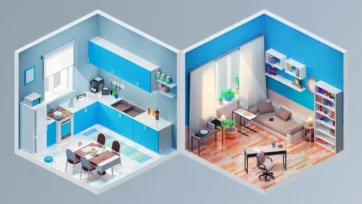 Isometric 3D interior design showing bright blue modern kitchen and contemporary home office with bookshelves and desk setup