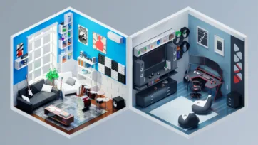 Isometric 3D rooms featuring blue music studio with instruments and dark gaming room with multiple monitors and gaming setup