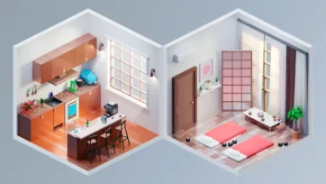 Isometric 3D interior showing modern orange kitchen with dining area and minimalist meditation room with yoga mats and traditional elements