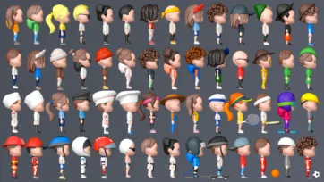 Side profile view of 3D low poly character collection featuring diverse people in sports uniforms, professional attire, and casual clothing