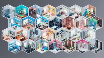 Hexagonal isometric interior room layouts featuring modern home designs with kitchens, bedrooms, offices, and living areas in 3D low poly style