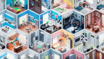 Isometric 3D interior design collection showing modern home rooms including bedrooms, kitchens, bathrooms, and living spaces with contemporary furniture