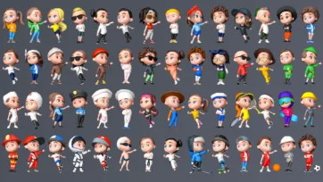 Low poly 3D character collection featuring diverse people in various sports and professional outfits including athletes, chefs, doctors, and workers in colorful cartoon style