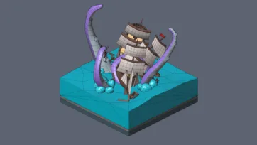 Low-poly 3D scene with pirate ship attacked by purple tentacles on geometric water surface from Worlds Casual pack wireframe view