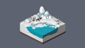 Wireframe topology view of low-poly 3D world showing clean mesh structure and geometric optimization of Worlds Casual diorama scene