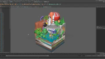 Maya 3D low-poly casual world scene featuring futuristic rocket station with tropical decorations and multi-layered geometric platform