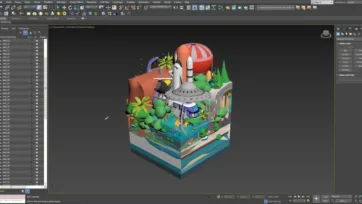 Isometric 3D low-poly world scene in 3ds Max featuring space rocket launch pad with tropical elements and geometric terrain from Worlds Casual collection