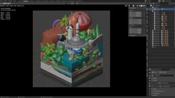 3D low-poly diorama scene in Blender showing futuristic space station with rocket, umbrella, palm trees and colorful geometric landscape from Worlds Casual pack